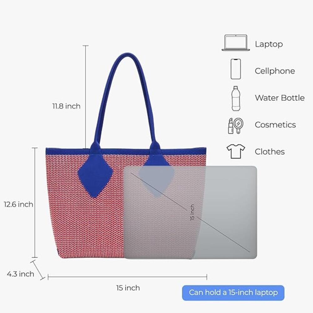 FrrBuu Woven Tote Detachable Mini Bag Red White Blue Tote Leisure Vacation Work